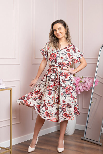 OEM Elegant red dress with ruffles and drawstring waist