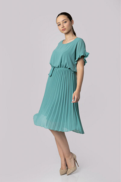 OEM Rochie plisata verde mint cu cordon in talie