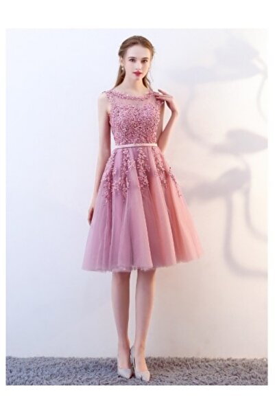 ANDONI Rochie elegantă de seară roz cu mărgele și broderie