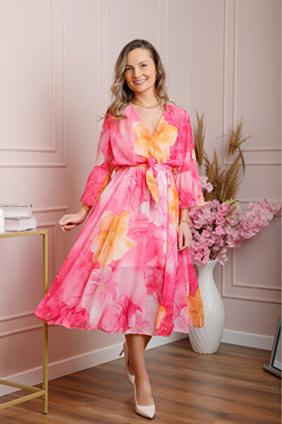 OEM Elegant cyclamen pink chiffon dress with floral print