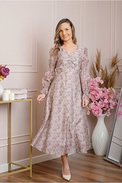 OEM Rochie elegantă cu mâneci bufante - roz