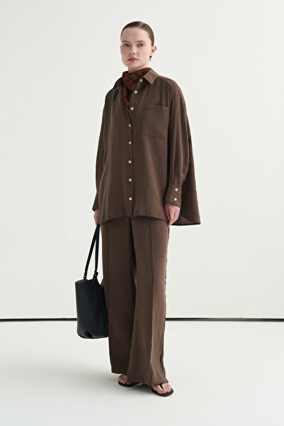 EBU Prive Γυναικείο Σετ Πουκάμισο και Παντελόνι Μοντάλ oversized Καφέ