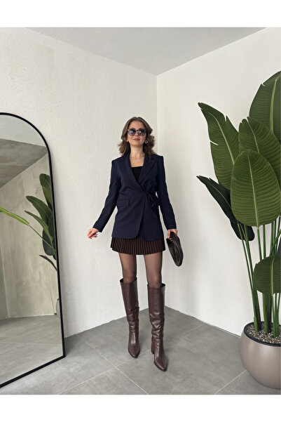 ELAYF Women's Navy Blue Side-Tie Lined Jacket