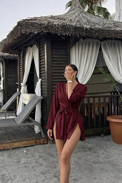 COMBİNE MİCHAİL Women's Straight Fit Basic Burgundy Mini Kimono