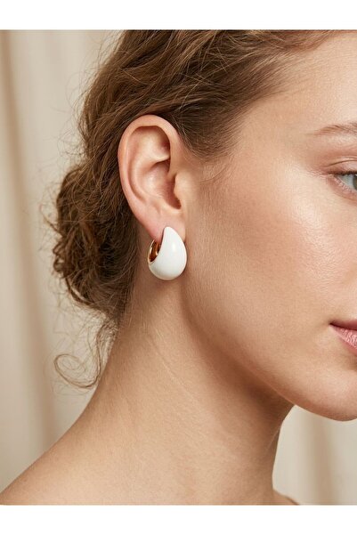 Vinlora Design Curved Hoop Earrings |   White Color Gold Detailed Modern Desi...