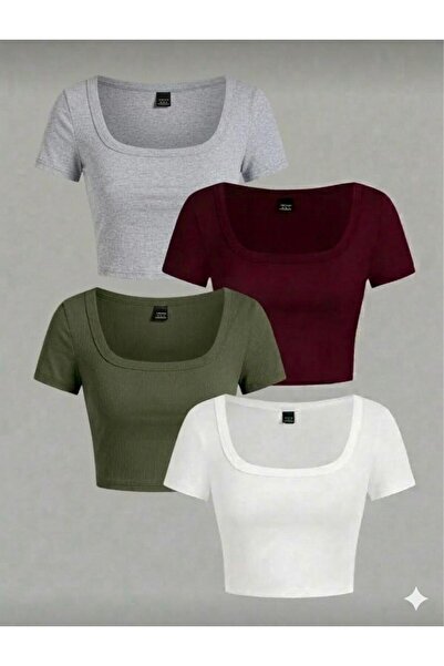 MİLYA&GYM Kadın 4'lü Paket Fitilli Kaşkorse Pamuklu Vücuda Yapışan KARE YAKA ...