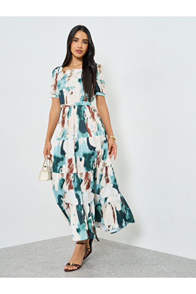 Styli Blue Tie Dye Print Tiered Maxi Dress