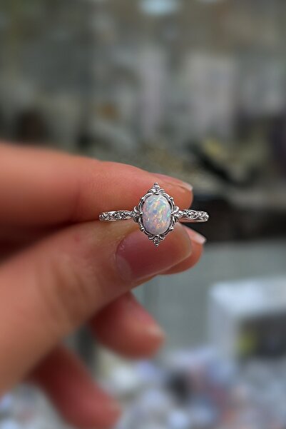 Erer Gümüş 925 Ayar Gümüş Oval beyaz Opal Taşlı Vintage Yüzük