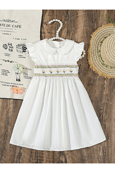 Take Two By Styli Girls White Ruffled Sleeve Embroidered Dress