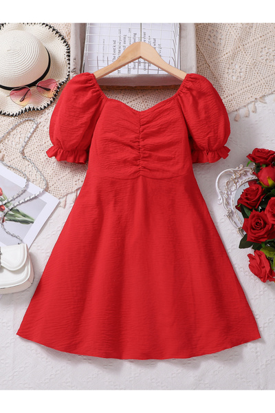 Take Two By Styli Girls Red Puff Sleeve Knee-Length Dress