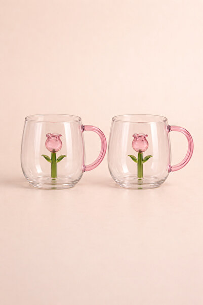 MİS KİTCHEN Pink Handled Glass Tulip Design Mug Set of 2 Decorative Glass Cof...