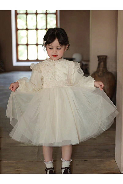 Take Two By Styli Girls Beige Lace Long Sleeve A-Line Dress