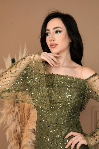 BEYBOS Full Beaded Boat Neck Long Evening Dress - Khaki Green