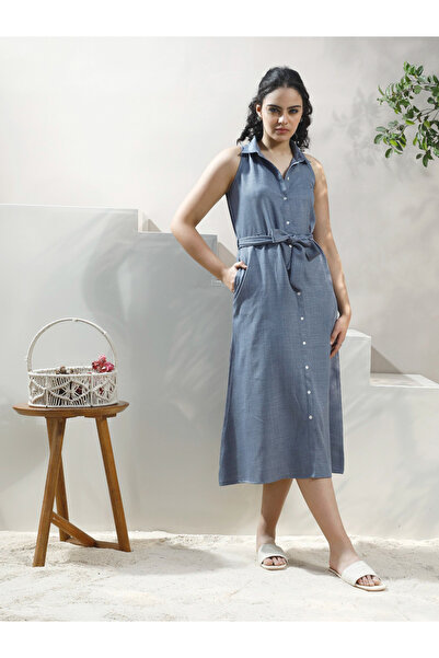 Athena By Styli Blue Linen Sleeveless Midi Shirt Dress