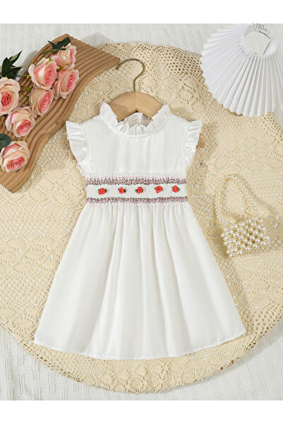 Take Two By Styli Girls White Ruffled Sleeve Embroidered Dress