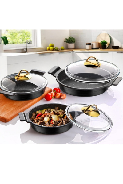 LAVONNI Nirvana 6 Piece Cast Iron Sahan Set with Black Glass Cover - 18/20/22...