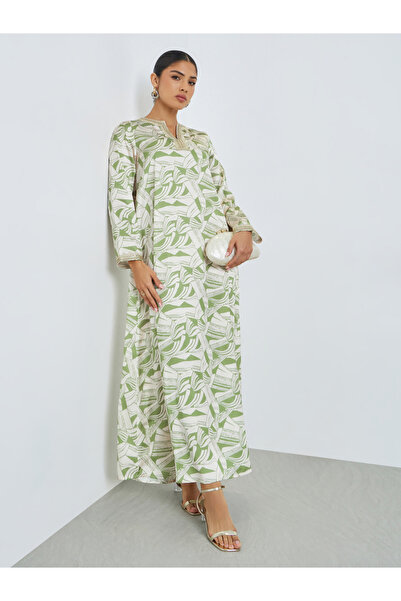 Amirah By Styli Green All Over Digital Print Jalabiya