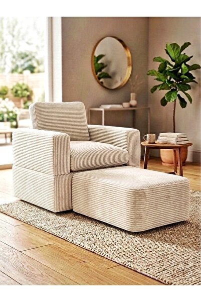 El Biz Premium Fitilli Kumaş Tekli Koltuk Ve Puf Seti - Modern Ayaksız Tasarı...