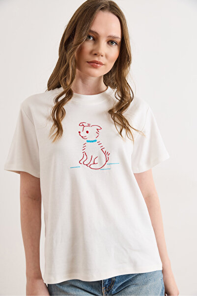 Olalook Γυναικείο μπλουζάκι με λεπτομέρεια από κέντημα λευκού σκύλου, άνετη ε...