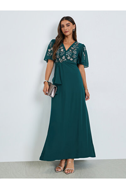 Styli Teal Sequined Yoke A-Line Maxi Dress