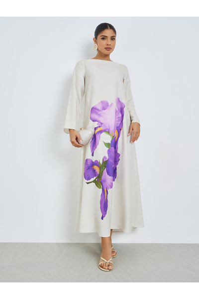 Amirah By Styli Grey Floral Print Long Sleeve Jalabiya