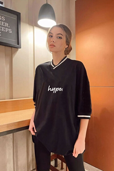 Agolady Decolteu în V Hype Design Negru supradimensionat tricou