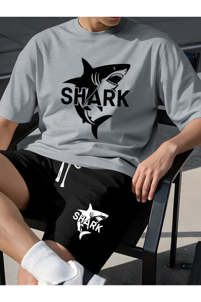 LAVİTTA Shark Printed T-Shirt Black Shorts Knitted Bottom Top Set