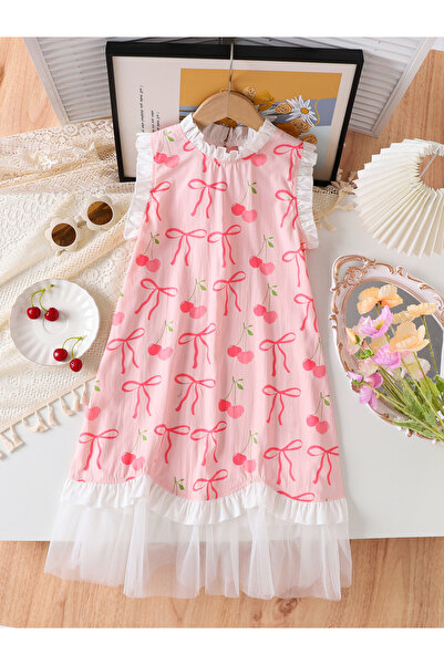 Take Two By Styli Girls Pink Bow Print Sleeveless Mesh Hem Dress