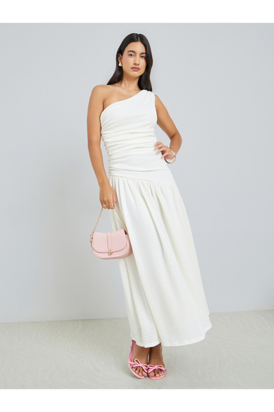 Styli White Ruched One Shoulder A-Line Maxi Dress