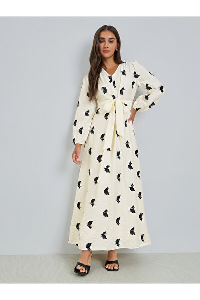 Styli White Embroidered Floral Maxi Dress with Tie Belt
