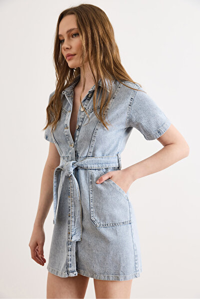 Olalook Women's Light Blue Denim Pockets Pocketed Belted Mini Dress Elb-19002605