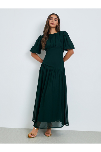 Styli Dark Green Fold Pleat Chiffon Maxi Dress