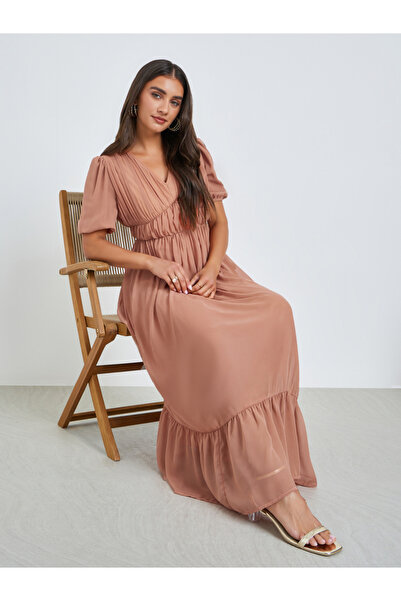 Styli Peach Ruched A-Line Maxi Dress