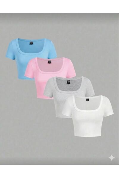 MİLYA&GYM Kadın 4'lü Paket Fitilli Kaşkorse Pamuklu Vücuda Yapışan KARE YAKA ...