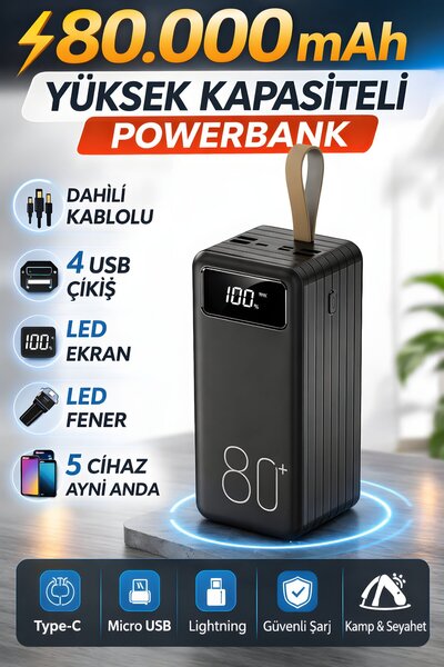 SMAYLİNG 80.000 mAh Powerbank Dahili Kablolu 4 USB Çıkışlı LED Göstergeli Taş...
