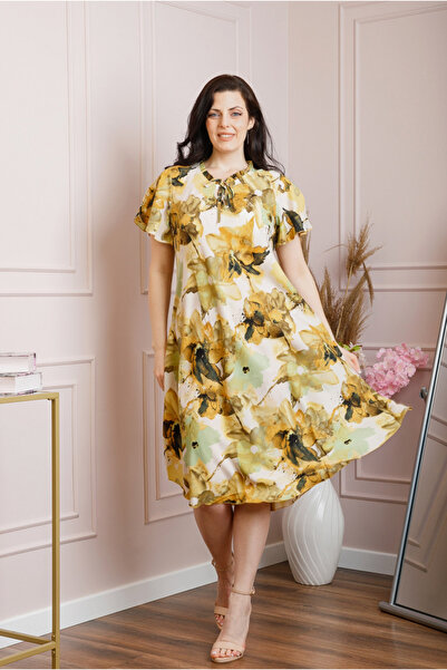 OEM Rochie eleganta Penelope cu baza asimetrica si imprimeu floral - Galben