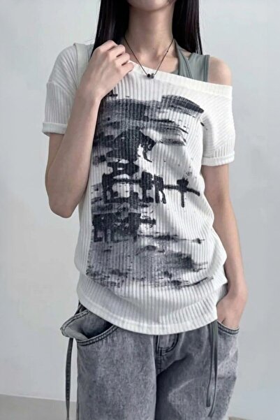 Köstebek Top alb vintage, decoltat la umeri, stil Y2K, cu mânecă scurtă, cu u...