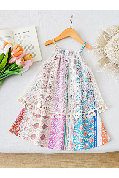 Take Two By Styli Girls Printed Sleeveless Tassel Detail Dress