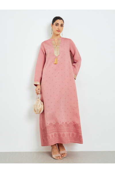 Amirah By Styli Pink Gold Lace Placket Jalabiya with Tassel