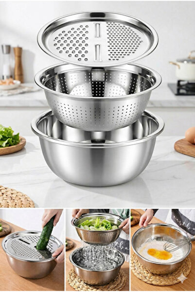 BEYZANA 3'lü Set Çok Fonksiyonlu Paslanmaz Çelik Rende, Süzgeç ve Kase Seti