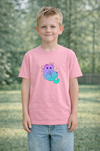 VODEXA Tricou pentru copii cu imprimeu BLUE CAT pentru băieți și fete, 100% b...
