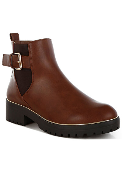 london Rag بوت نسائي تفاصيل إبزيم عالٍ مزين بإبزيم سميك، لون بني فاتح