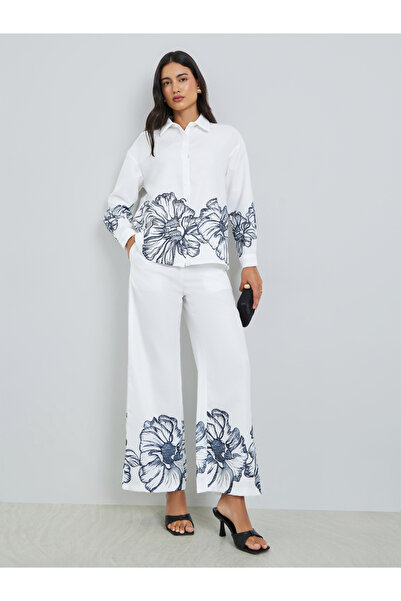 Styli White Floral Print Straight Leg Pants