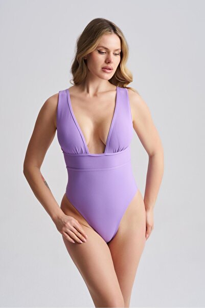 AQUAVİVA Дамски бански костюм с ниско деколте Natalia, лилаво, с тънки райета