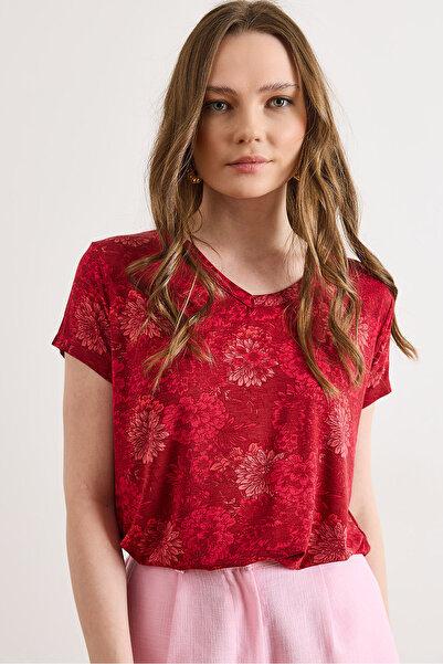 Olalook Γυναικεία Κόκκινη Με σχέδιο Με σχέδιο V-Neck Basic Βισκόζη Μπλούζα BL...