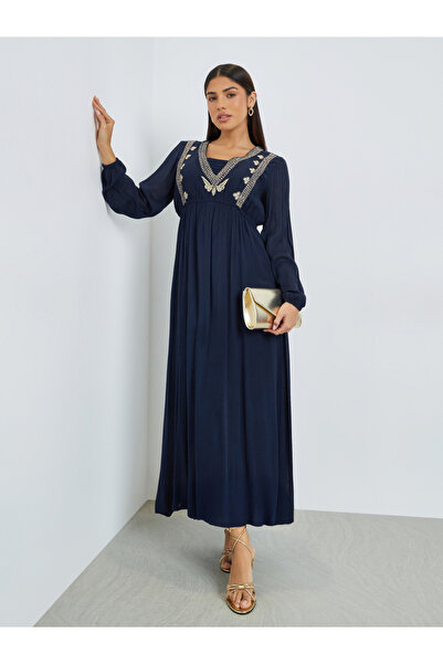 Amirah By Styli Navy Blue Embroidered Jalabiya with Inner Dress