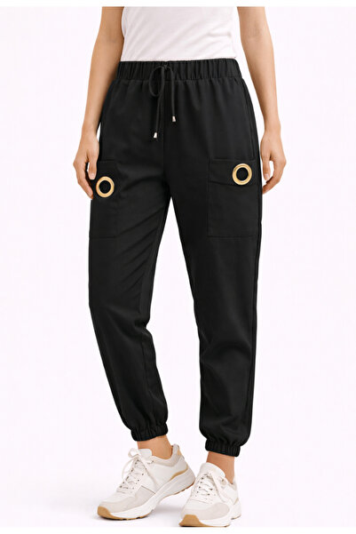 Nobrand Women's Black Jogger Pants with Pocketed and Metallic Details – Casual