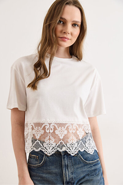 Olalook Γυναικείο λευκό μπλουζάκι Δαντέλα με λεπτομέρειες Βαμβάκι TSH-19000954