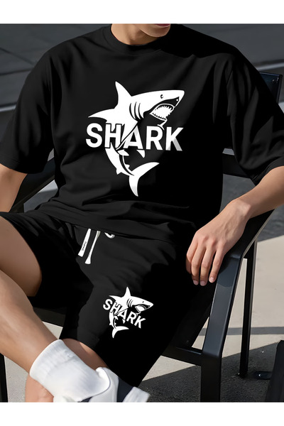 LAVİTTA Shark Printed T-Shirt Black Shorts Knitted Bottom Top Set
