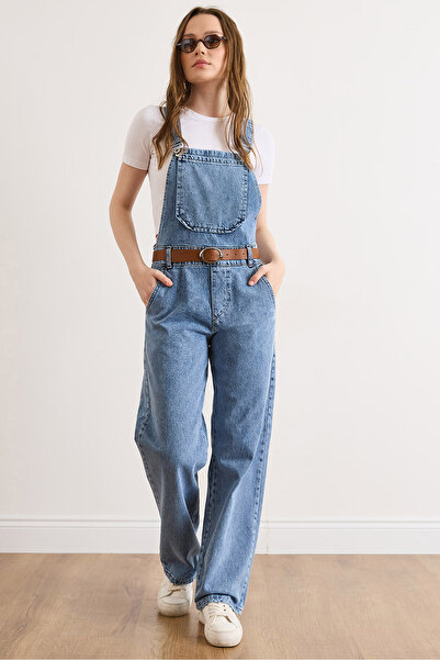Olalook Women's Light Blue Belt Piece Pocketed Salopet Denim Jumpsuit Tlm-190...
